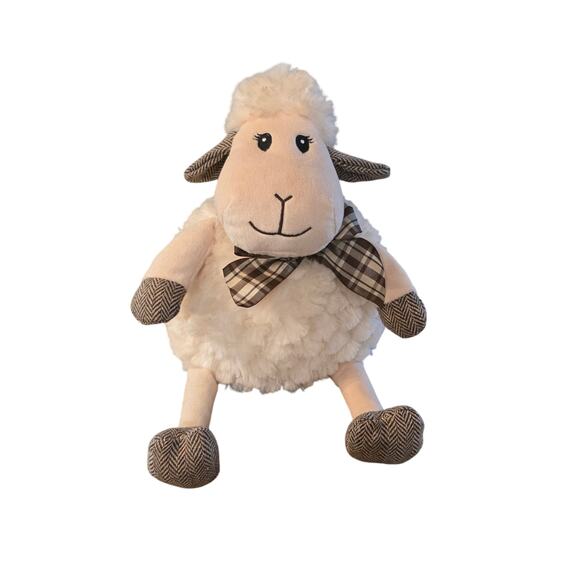 Pier 1 One Imports Soft PLUSH sheep cream lamb hattie plaid bow - Picture 1 of 6